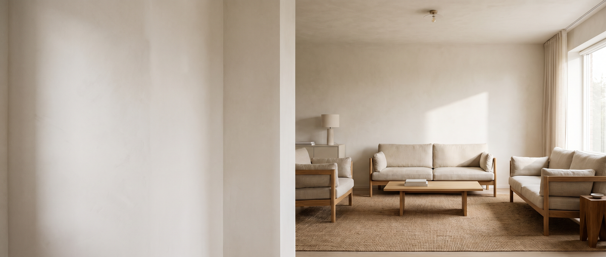 A calm modern living room in cream, oak and linen