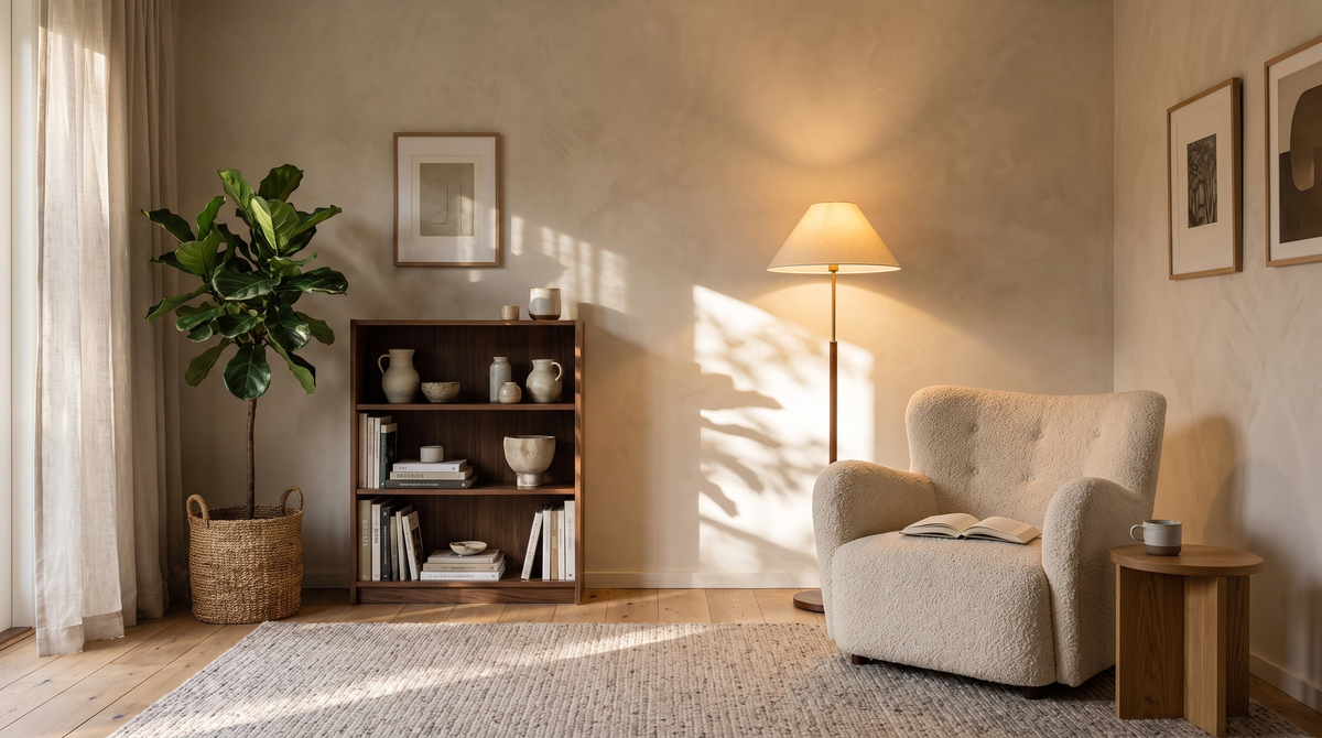 Floor lamp lit beside a boucle armchair in a sunlit living room corner