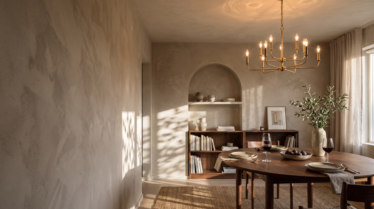 Brass chandelier lit above a round walnut dining table set for a meal