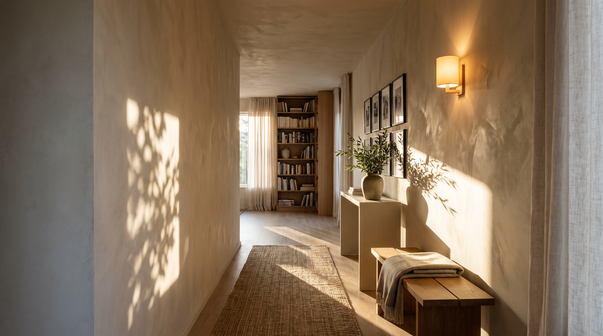 Wall sconce lit above an oak bench in a sunlit hallway