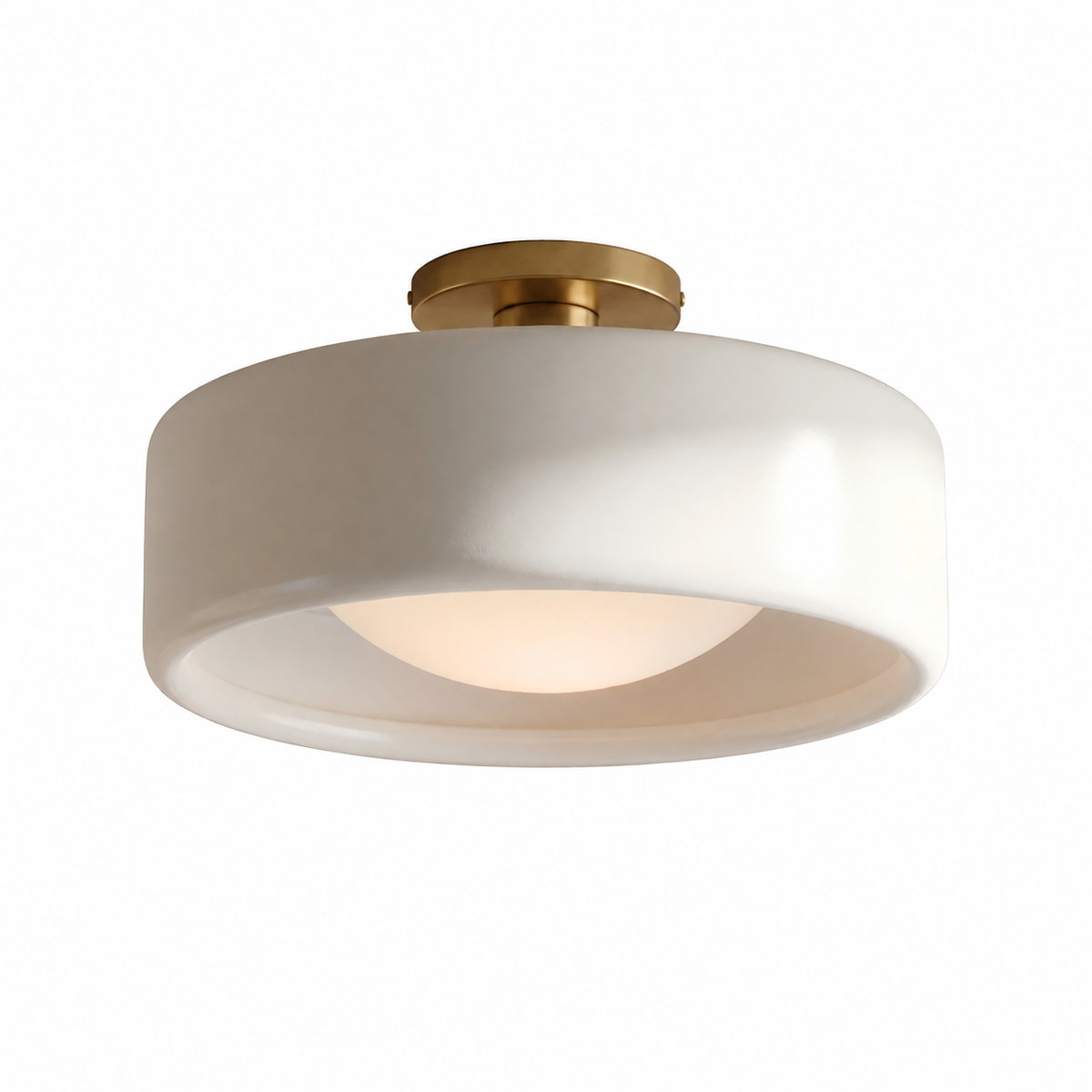 Solene minimalist drum flush mount ceiling light with brass canopy