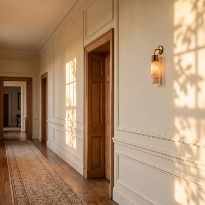 Tessara Long Tube wall sconce in copper in a panelled hallway at golden hour