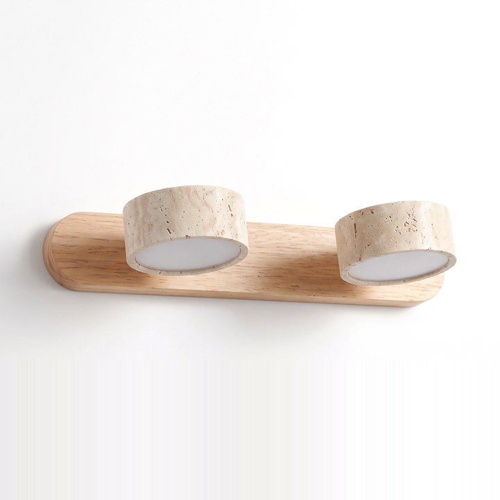 Della travertine and natural wood two light wall lamp on a white background