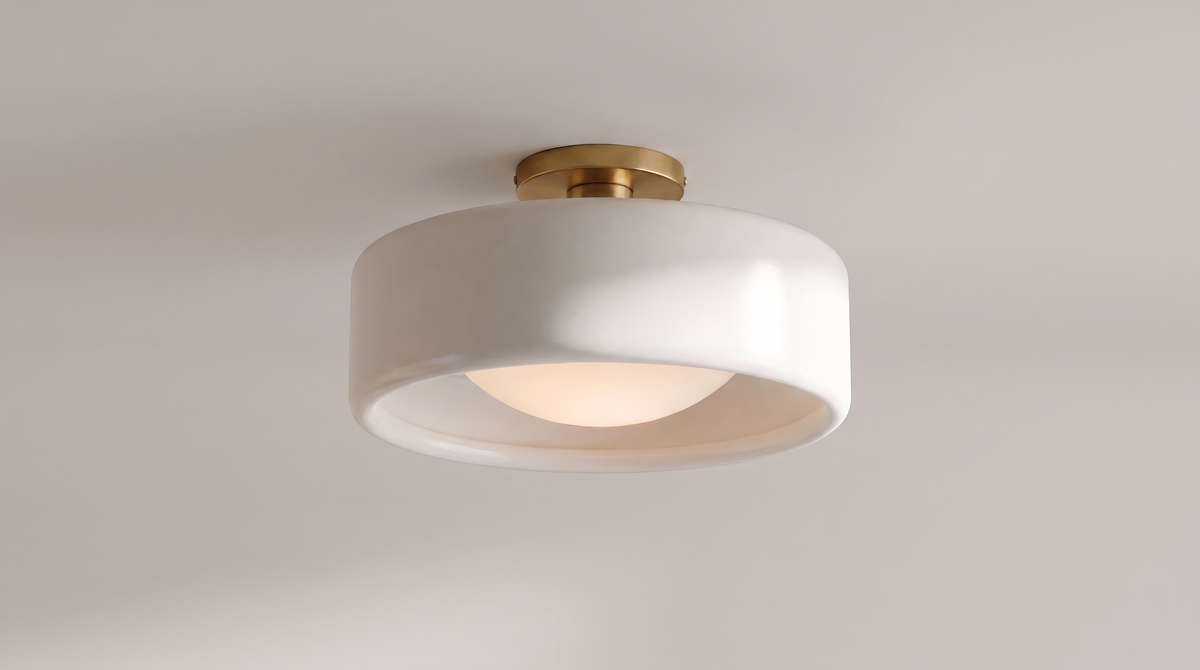 Solene ceiling light rim detail showing the even shadow gap where the shade meets the ceiling plate
