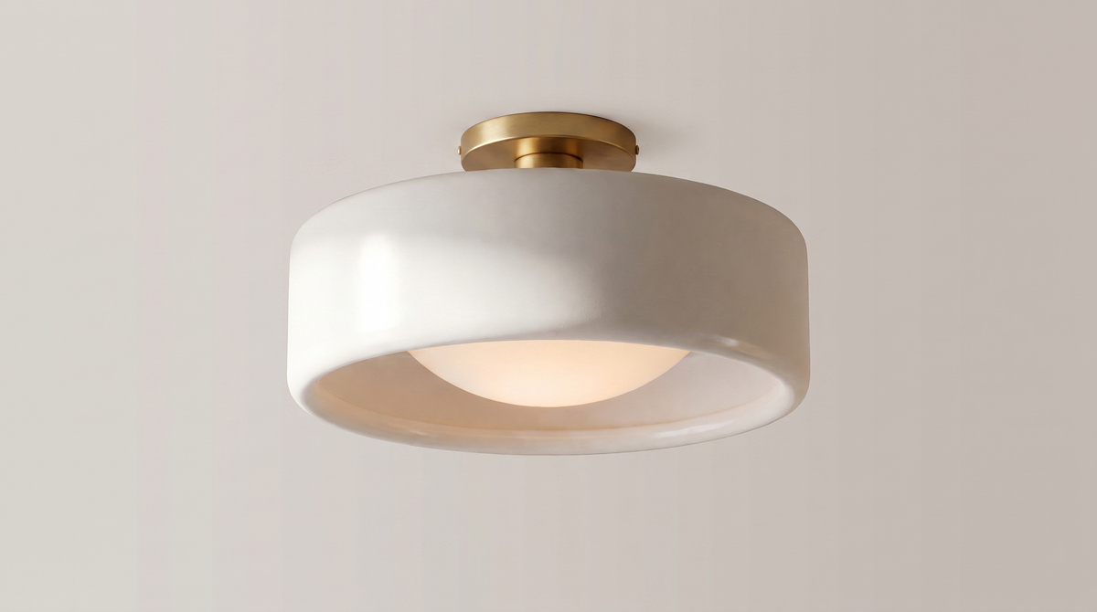 Solene ceiling light at an angle showing its matte porcelain surface