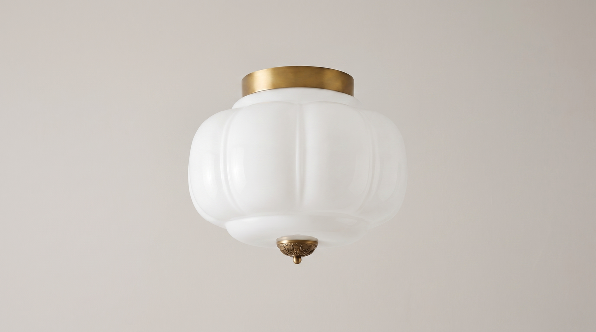 Eloise ceiling light side profile showing the brass ceiling plate, collar and shade band