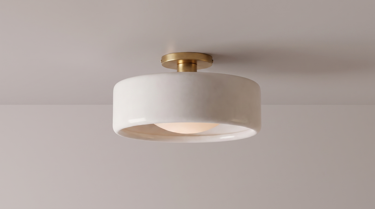 Solene porcelain flush mount ceiling light in side profile showing its shallow drop below the ceiling