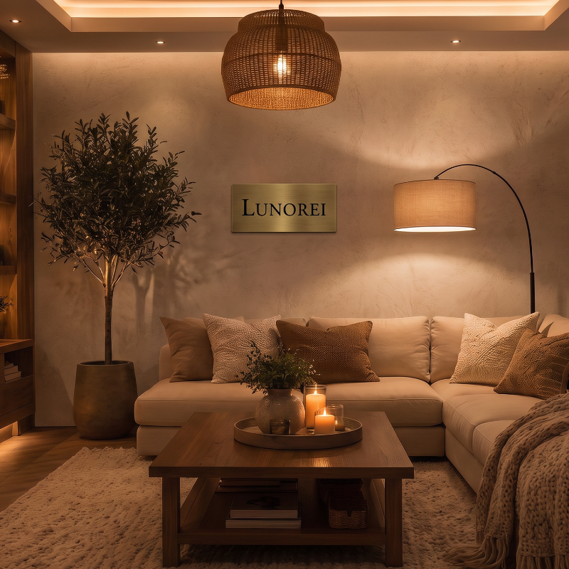 Warm evening living room lit by a Lunorei pendant and floor lamp, with a brass Lunorei plaque on the wall