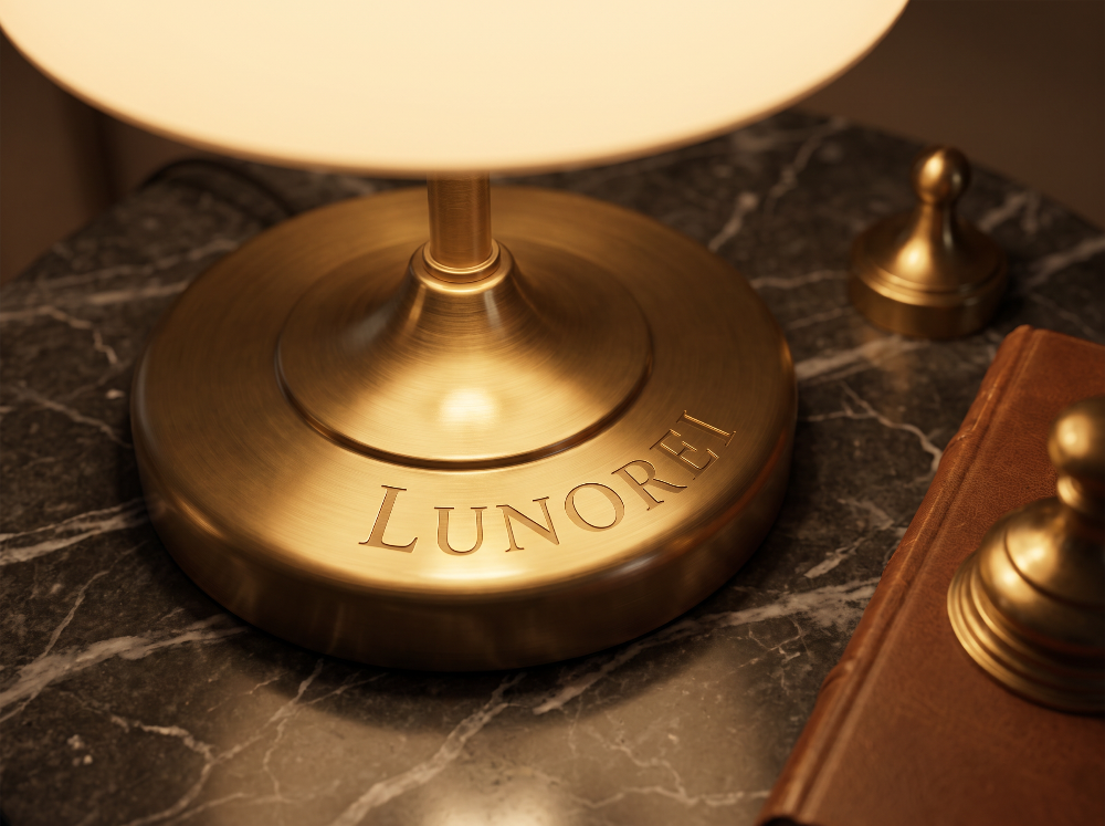 Close up of a brass table lamp base on dark marble with the Lunorei name engraved into the metal