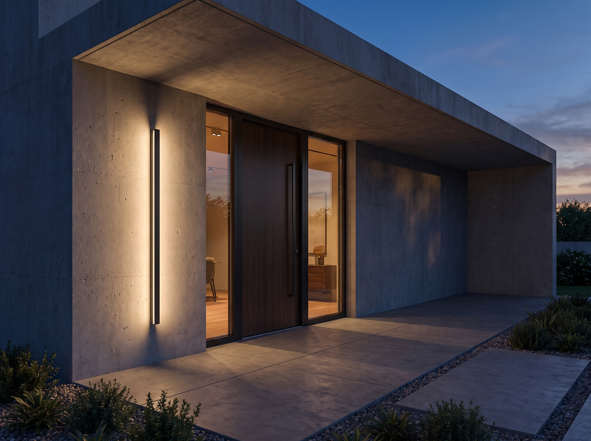 Modern home entrance at dusk lit by a slim matte black linear outdoor wall light throwing soft light up and down the concrete wall