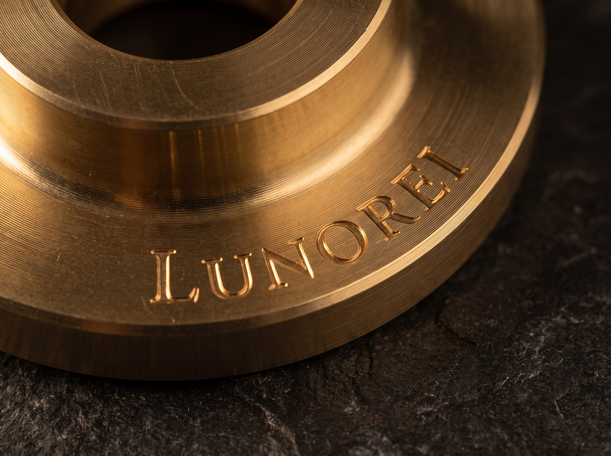 Solid brass component on dark stone with the Lunorei name stamped into the machined metal