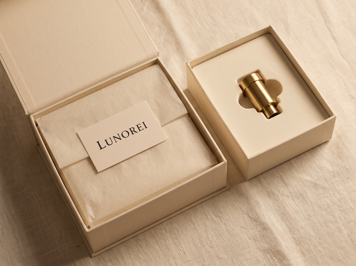 Lunorei packaging laid out on linen with tissue, a printed care card and a brass component in a protective insert