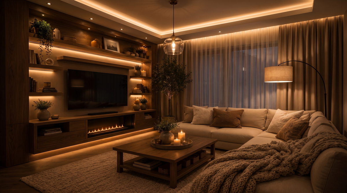 Warm modern living room at night lit by a glass and brass pendant, floor lamp and candles
