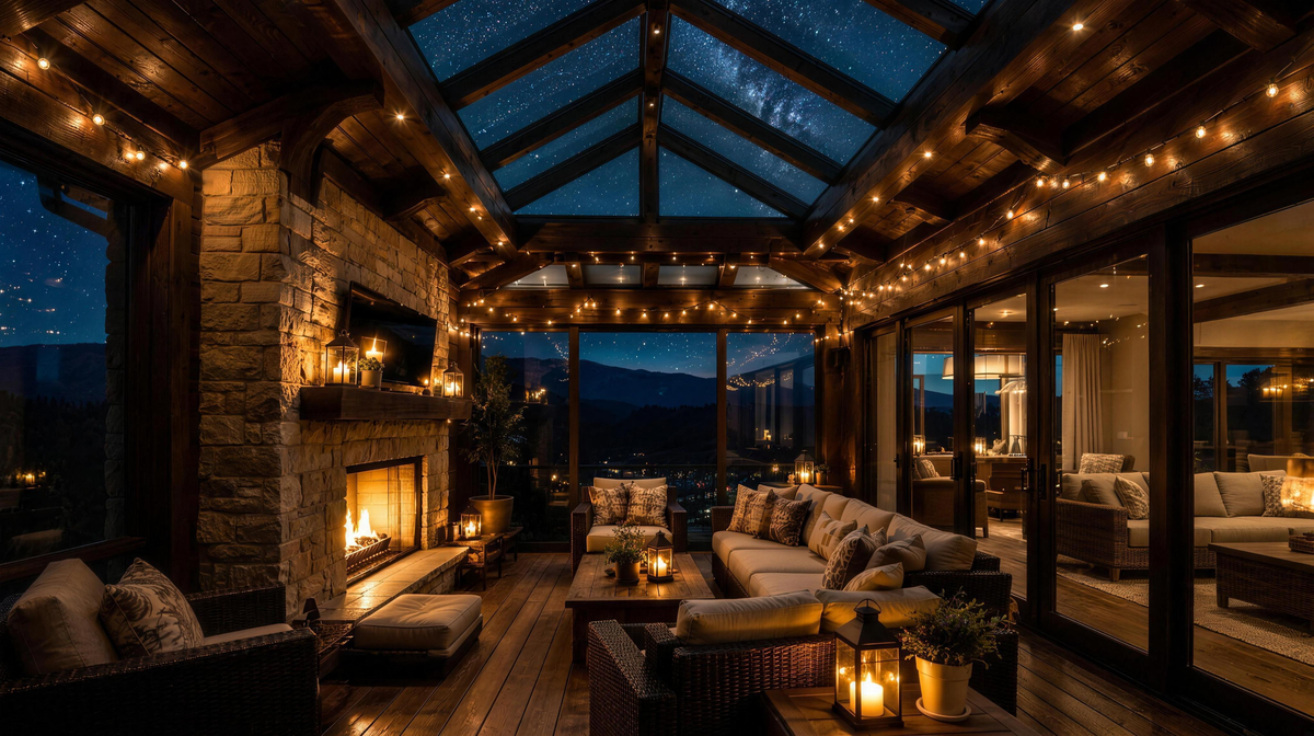 Covered timber terrace at night with warm string lights, a stone fireplace and a deep blue evening sky