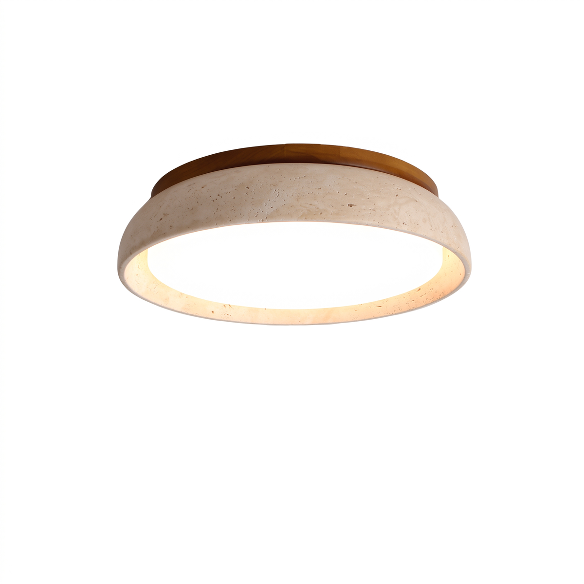 Orin travertine finish round flush mount ceiling light on a white background