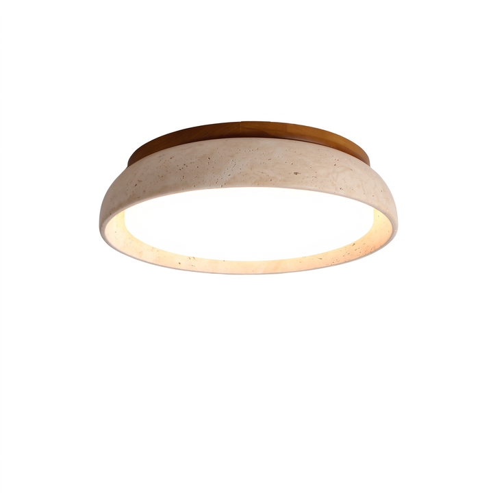 Orin travertine finish round flush mount ceiling light on a white background