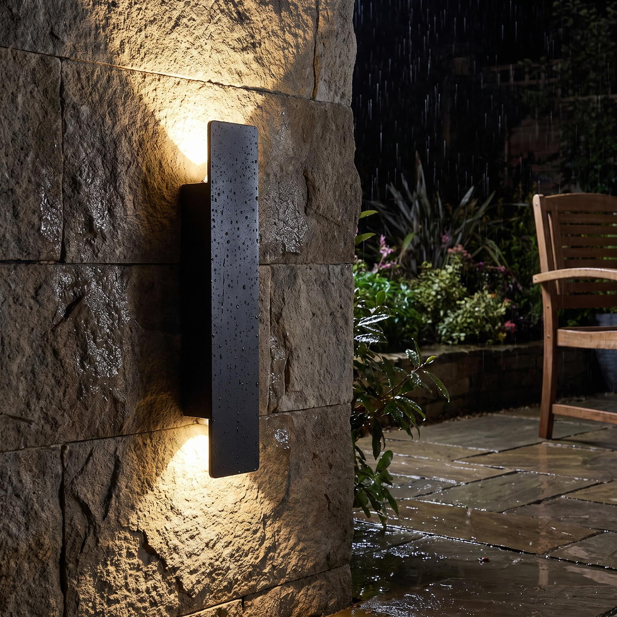 Linea outdoor wall light wet from rain, still lit