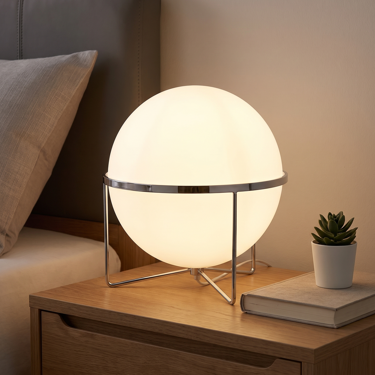 Mira accent lamp lit on a bedroom nightstand