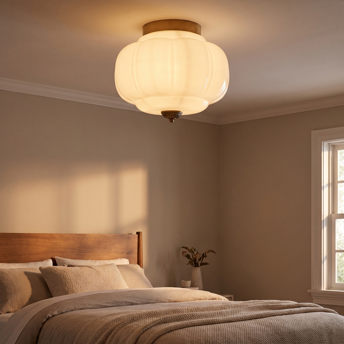 Odile milk glass ceiling light mounted in a bedroom