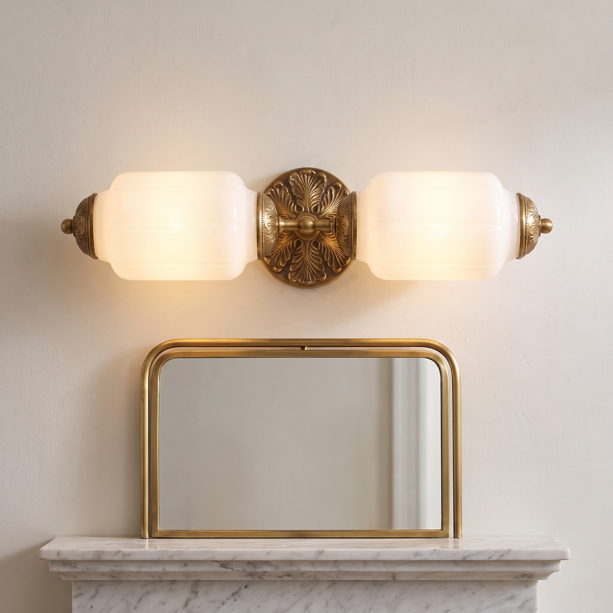 Wren vanity bar mounted horizontally above a bathroom mirror