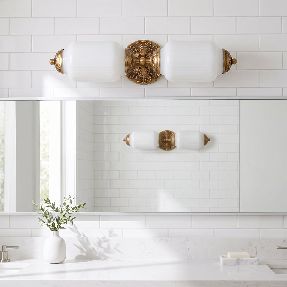 Wren vanity bar above a wide mirror in a bright tiled bathroom