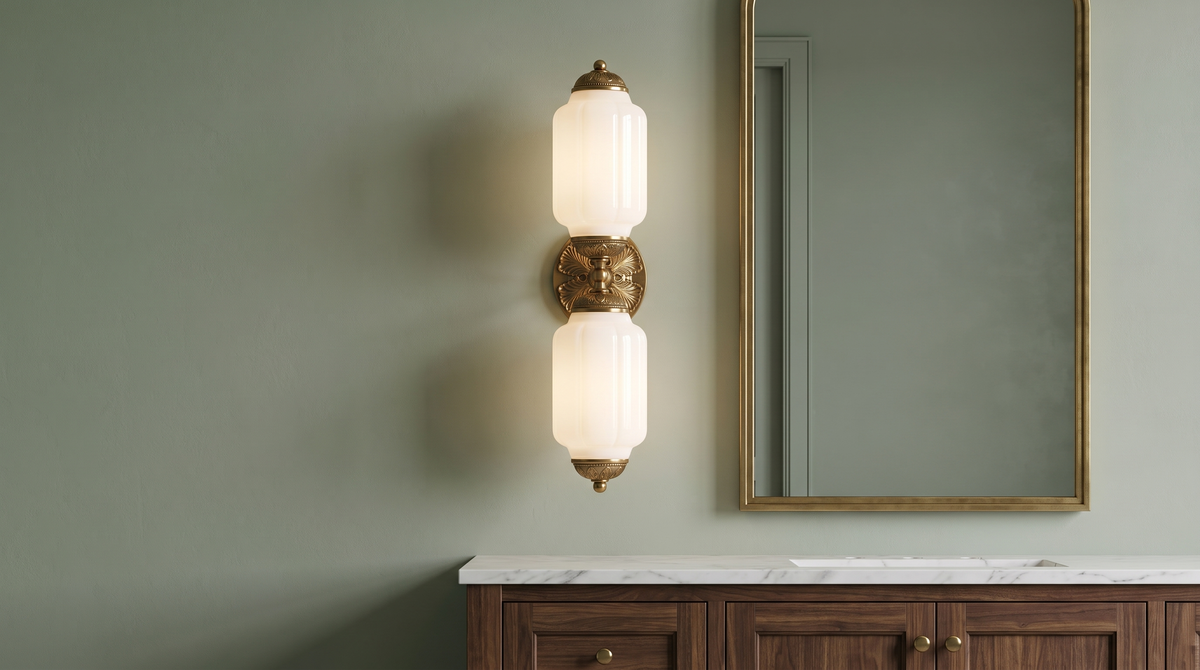 Wren vanity bar mounted vertically beside a mirror