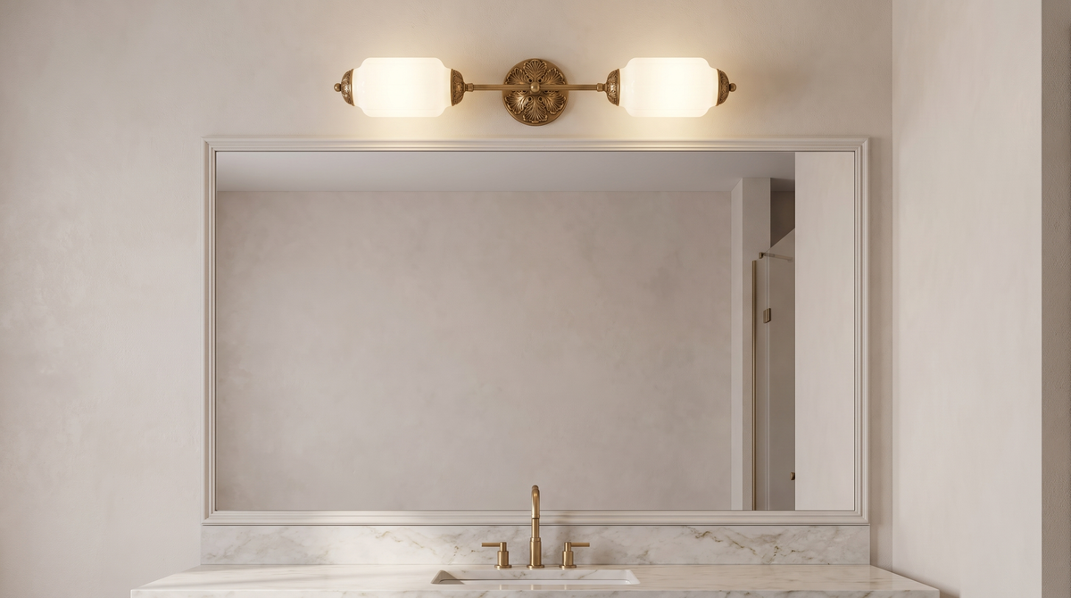 Wren vanity bar lit above a bathroom mirror, light falling forward into the room