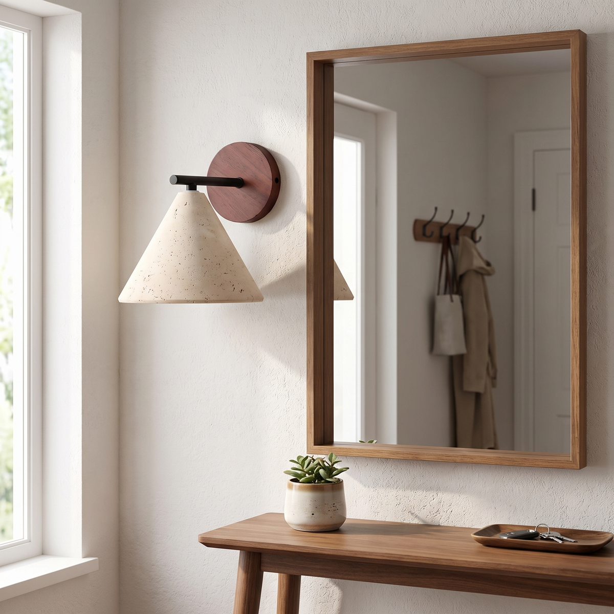 Thea wall sconce beside an entryway mirror in daylight