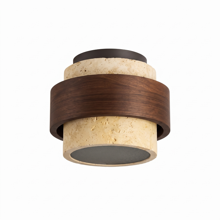 Elin travertine and walnut flush mount ceiling light on a white background