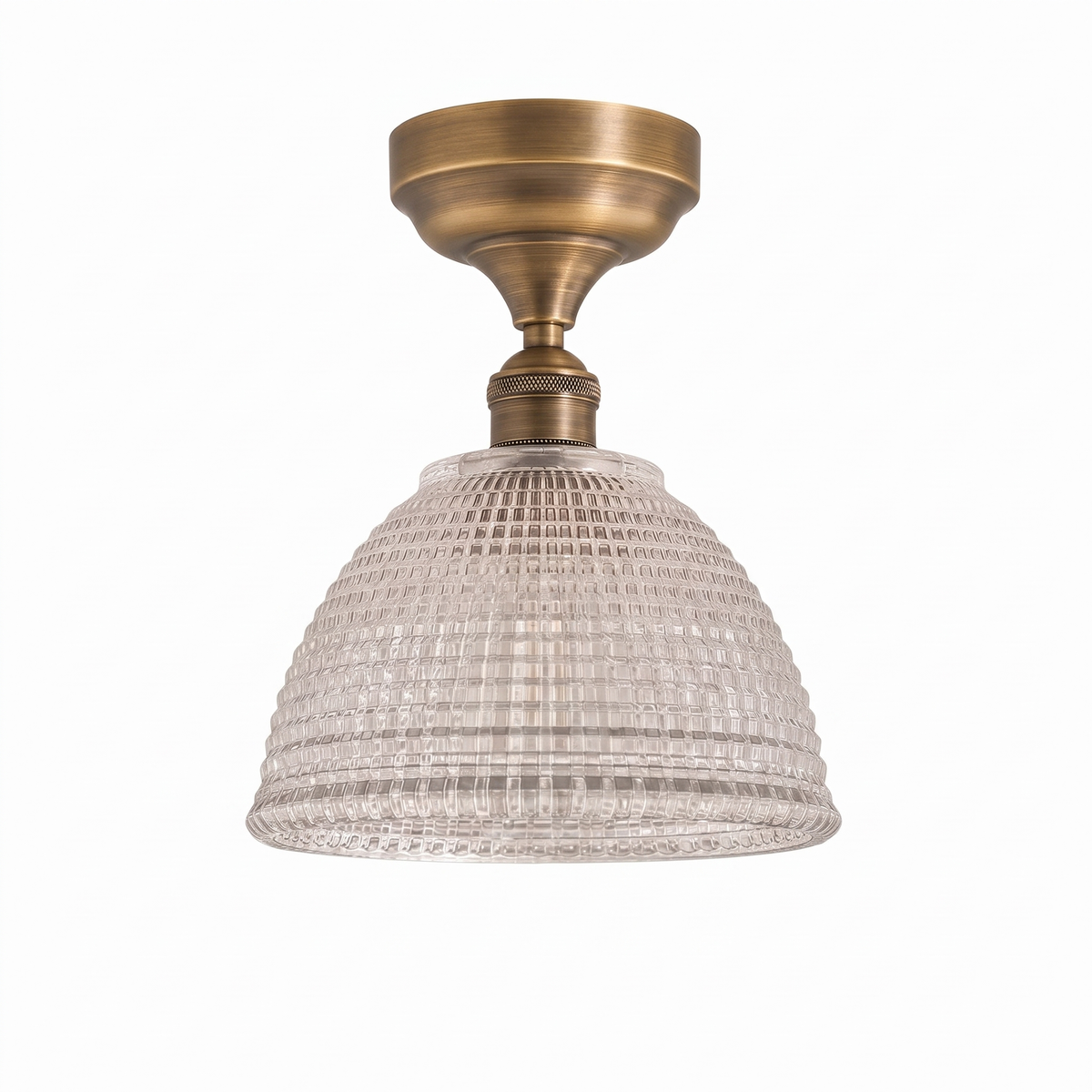 Romy prismatic glass semi flush mount ceiling light with antique brass canopy on a white background
