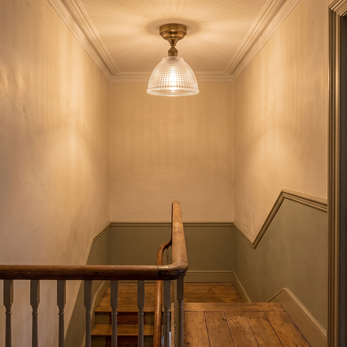 Romy ceiling light on a stair landing in the evening