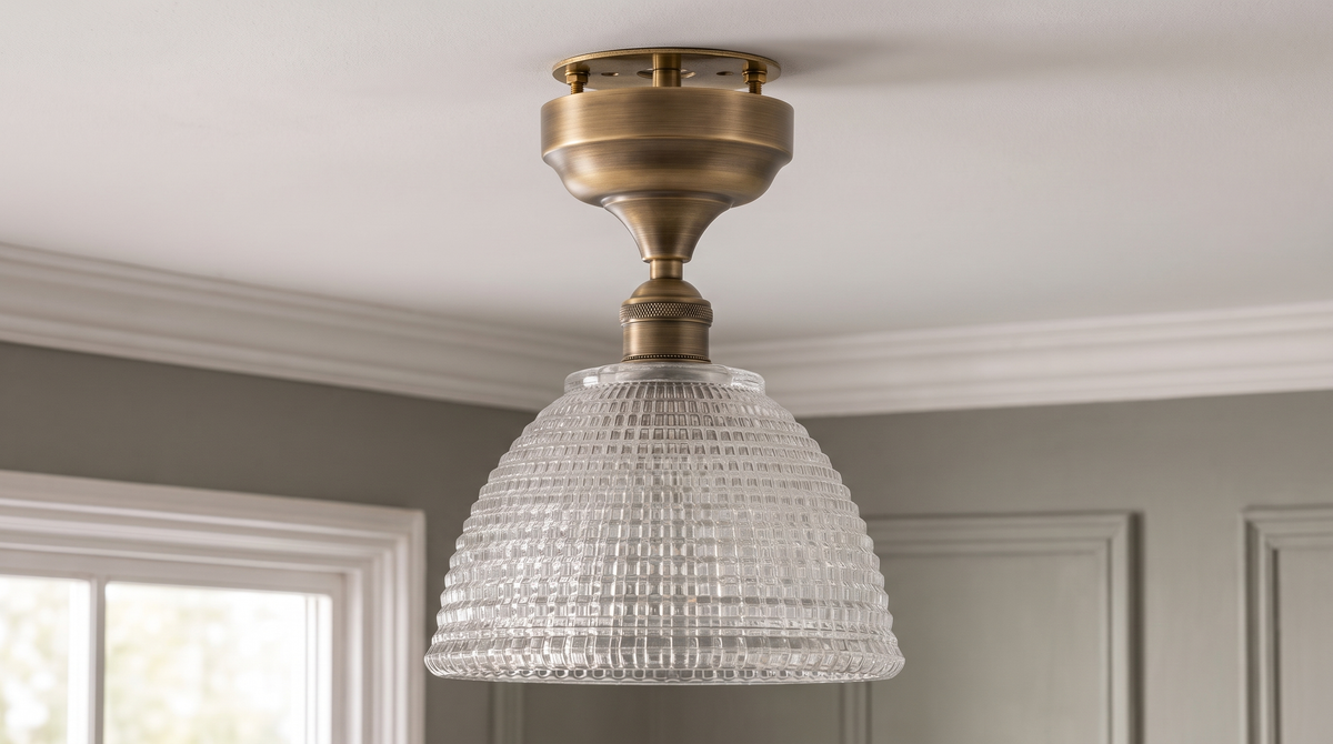Close view of the stepped antique brass canopy and stem on the Romy