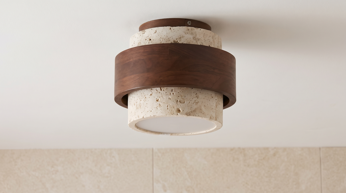Close view of the walnut and travertine banding on the Elin ceiling light