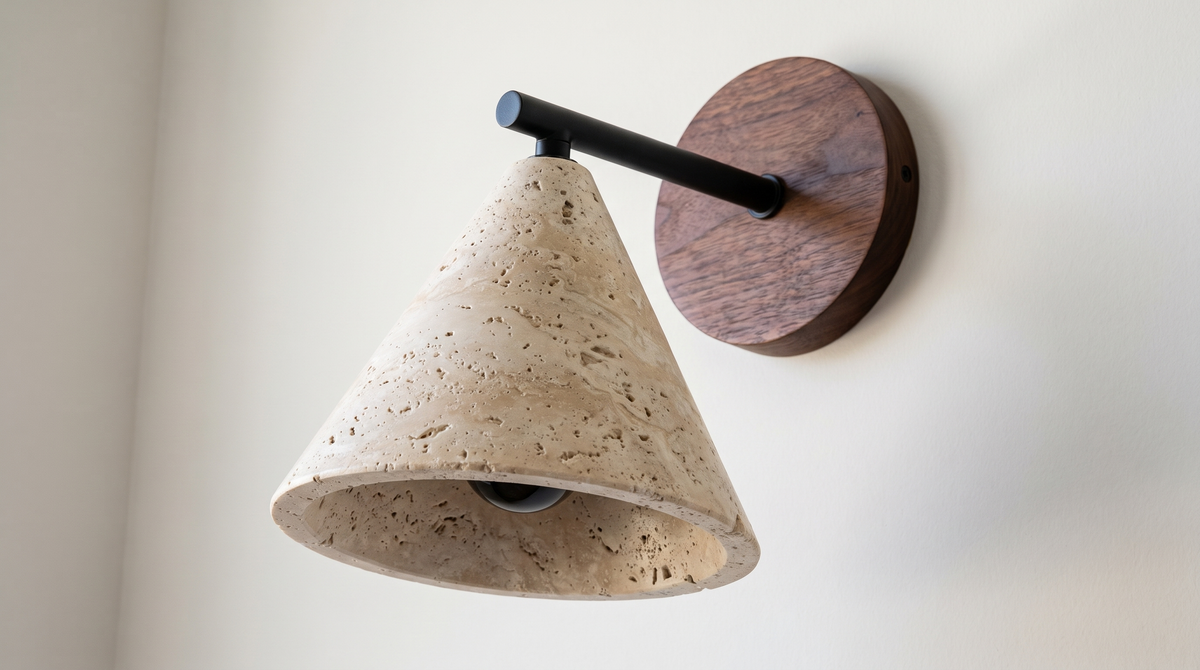 Close view of the pitted travertine cone and walnut backplate
