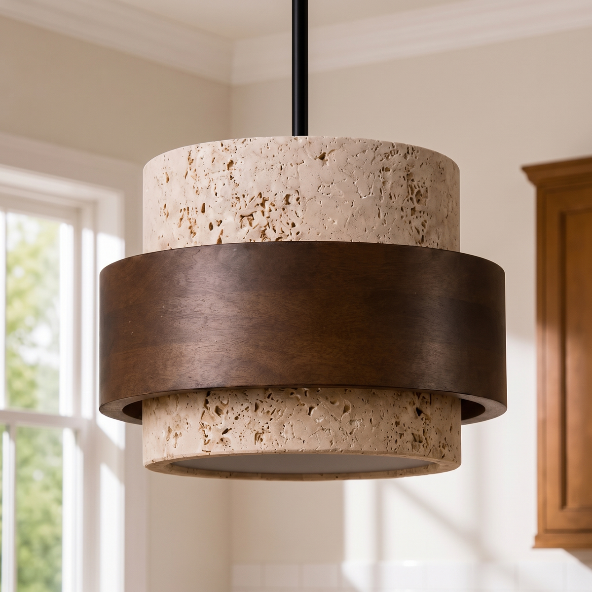 Close view of the pitted travertine and walnut banding on the Juno pendant