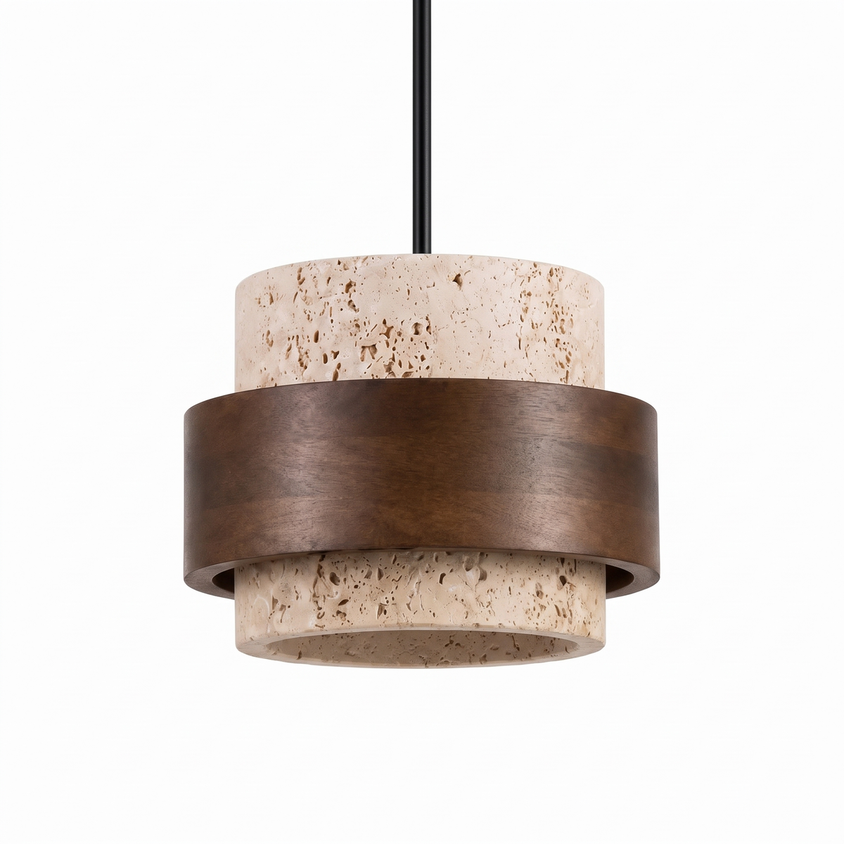 Juno travertine and walnut cylinder pendant light on a white background