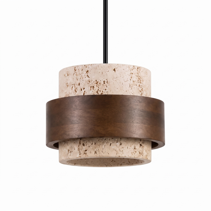 Juno travertine and walnut cylinder pendant light on a white background