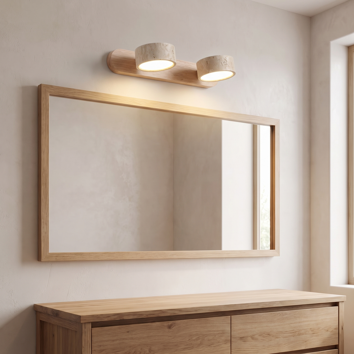 Della wall lamp mounted above a bathroom mirror with both heads angled down