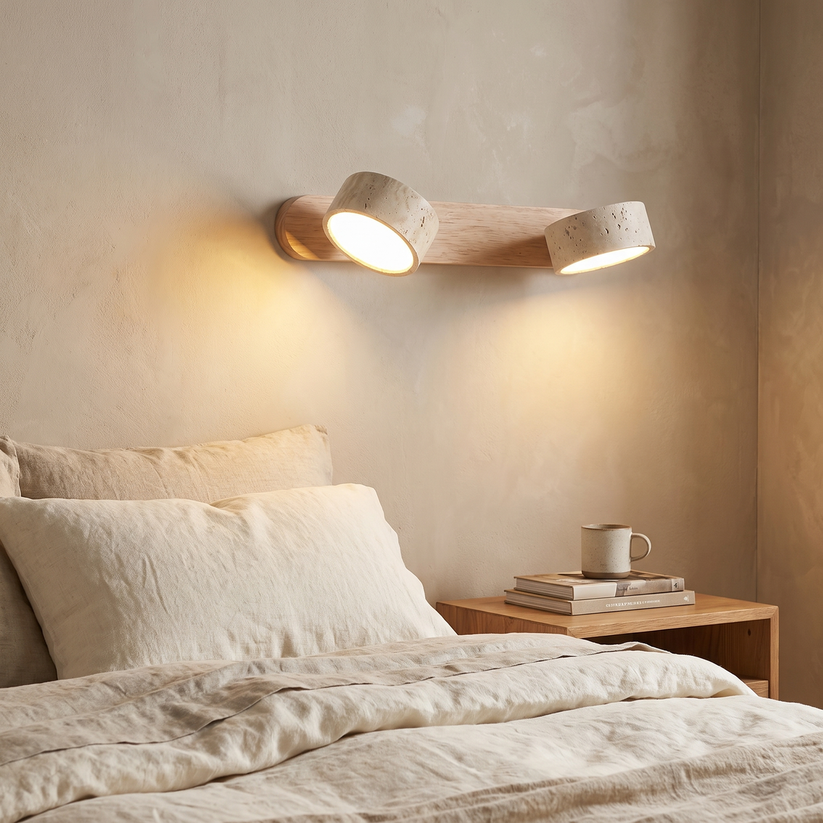 Della wall lamp beside a bed with one head angled onto the nightstand
