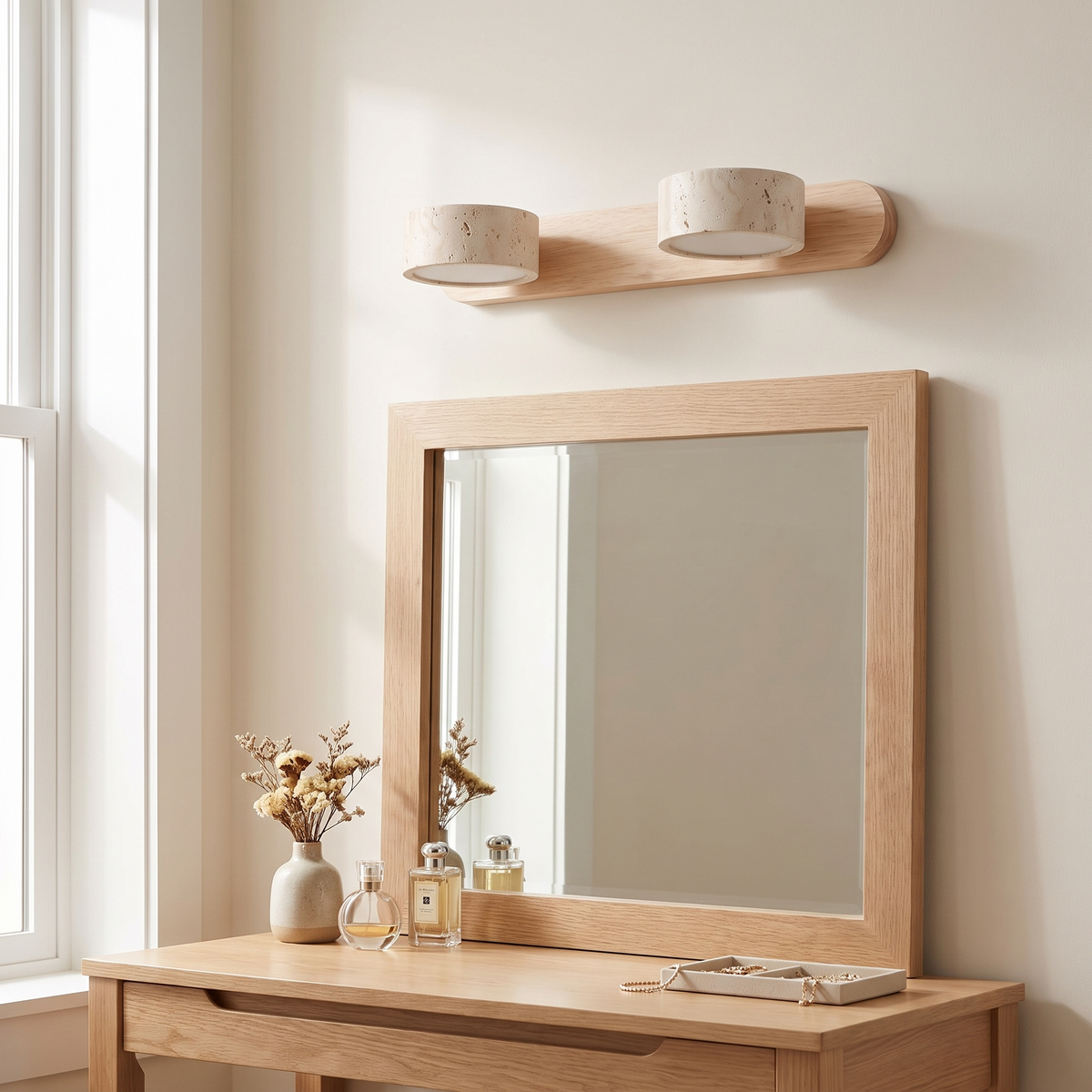 Della wall lamp above a dressing table showing the pale natural wood bar