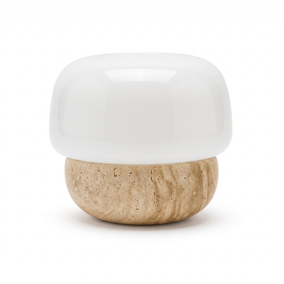 Alma travertine and glass mushroom table lamp on a white background