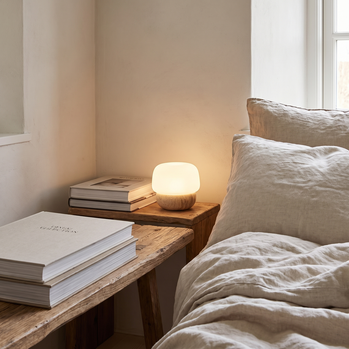 Alma table lamp glowing on a bedside table beside linen bedding