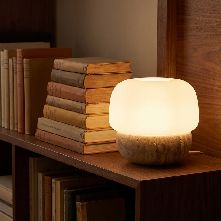 Alma table lamp lit on a bookshelf beside stacked books