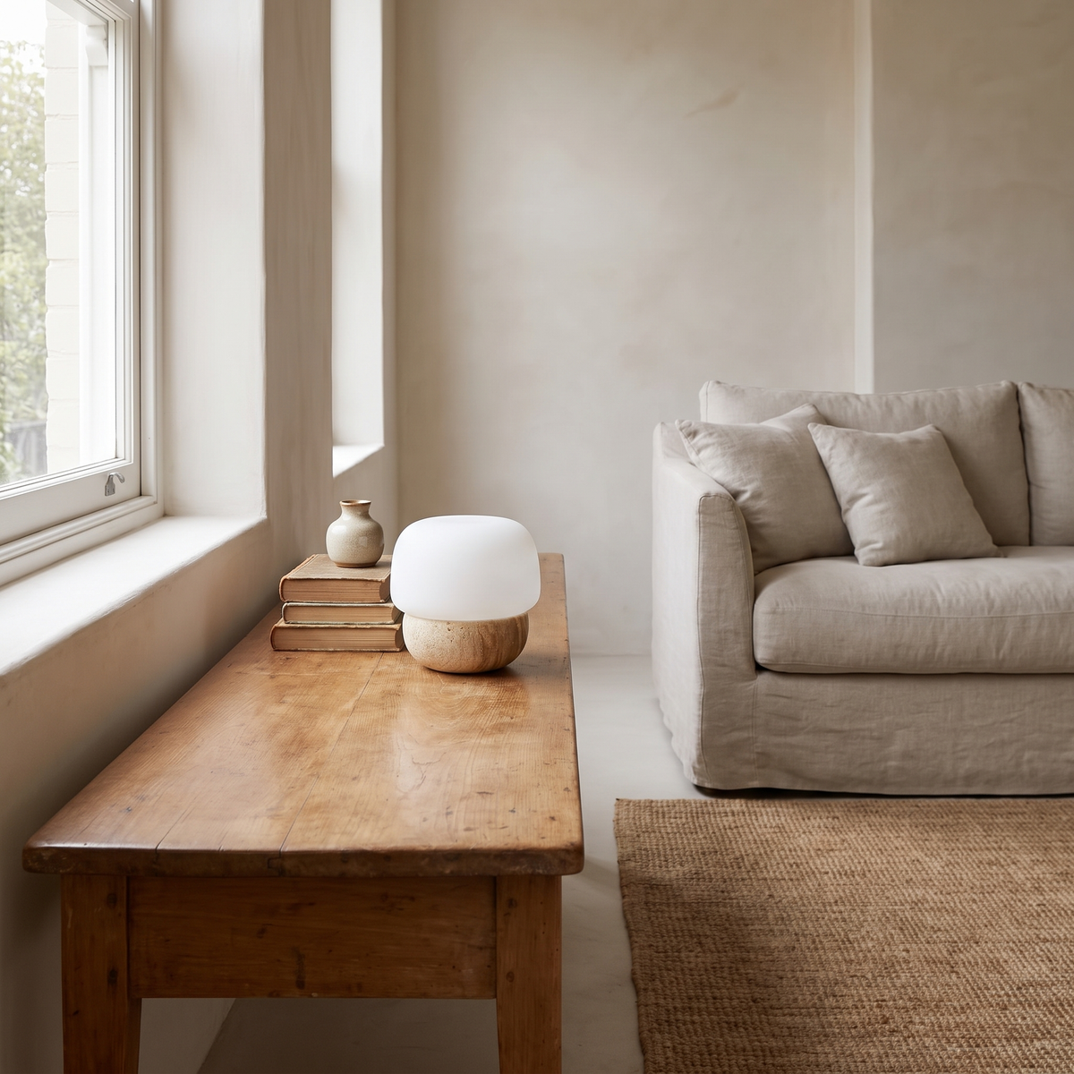 Alma table lamp on a timber console table in a living room