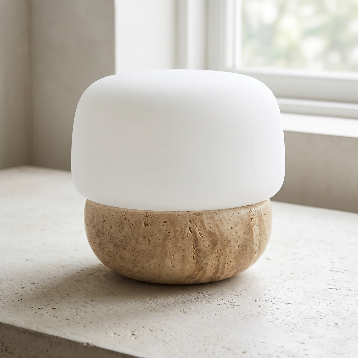 Close view of the pitted travertine base and white glass dome of the Alma lamp