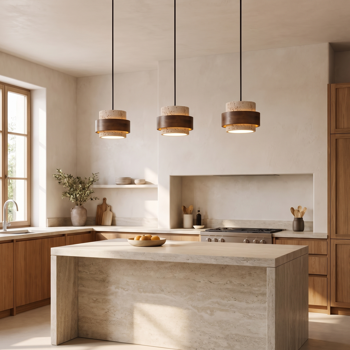 Three Juno pendant lights hanging in a row above a kitchen island