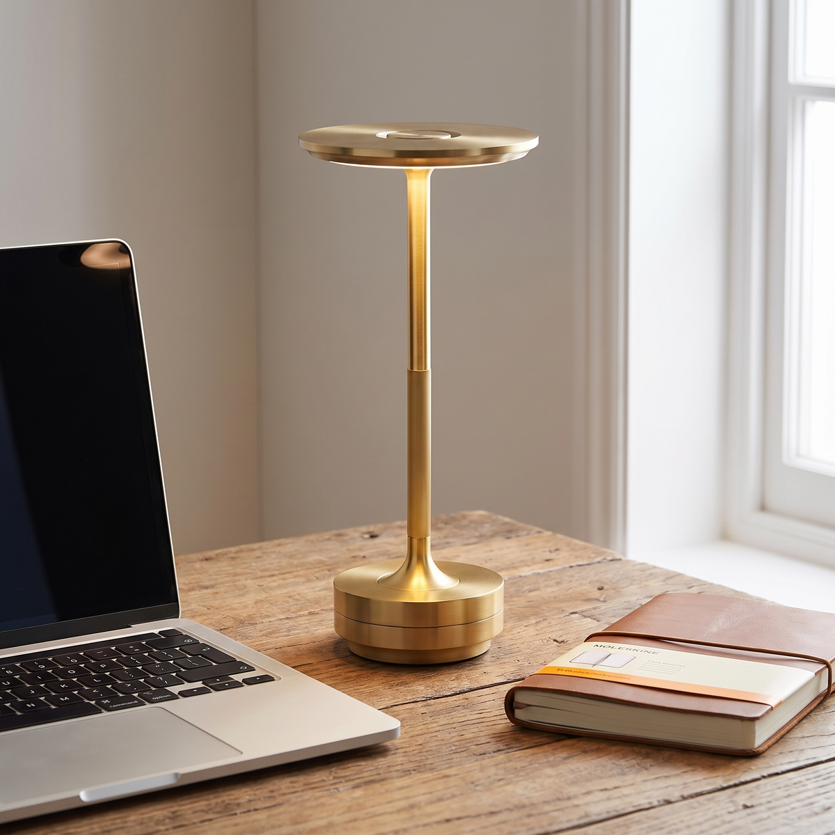 Vera table lamp on a timber desk beside a laptop