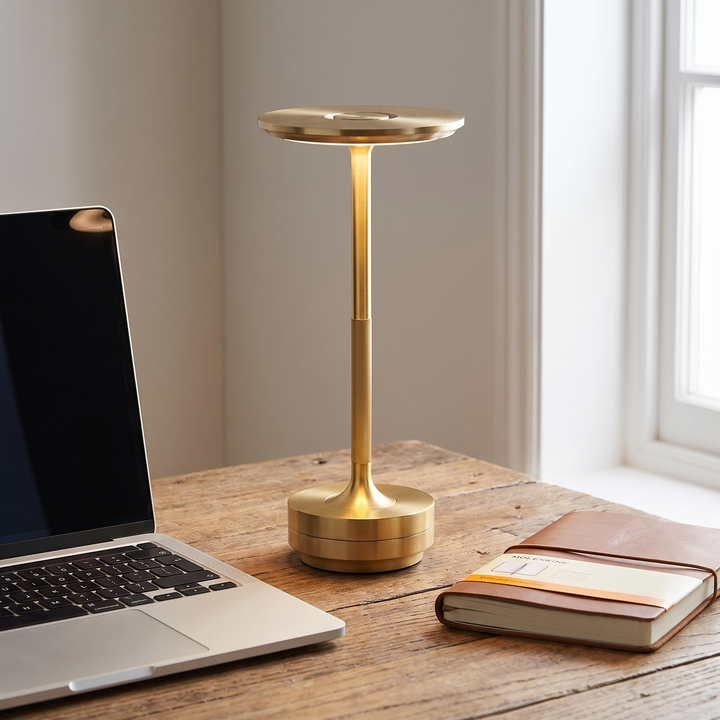 Vera table lamp on a timber desk beside a laptop