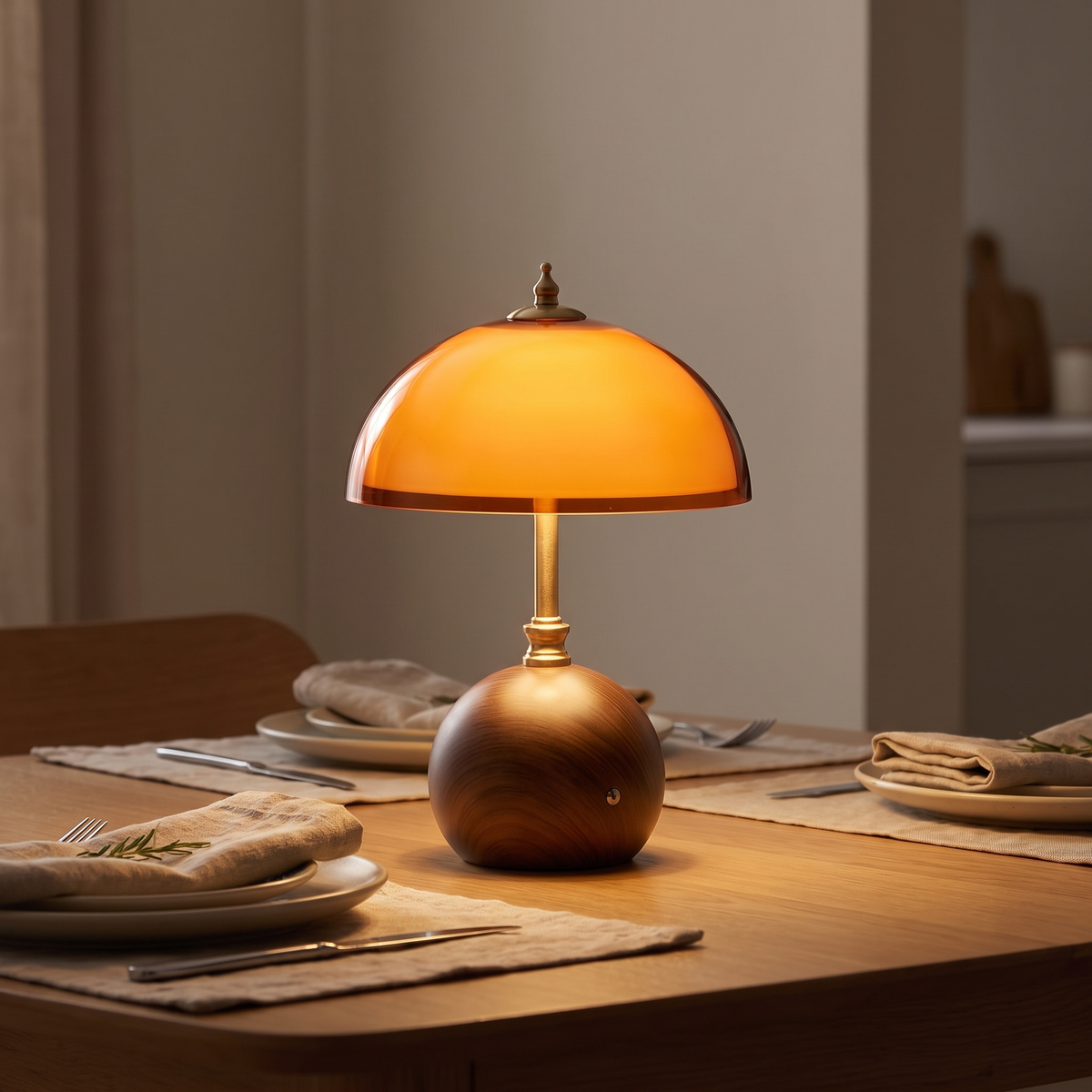 Cleo lamp lit on a dining table in the evening with no cable