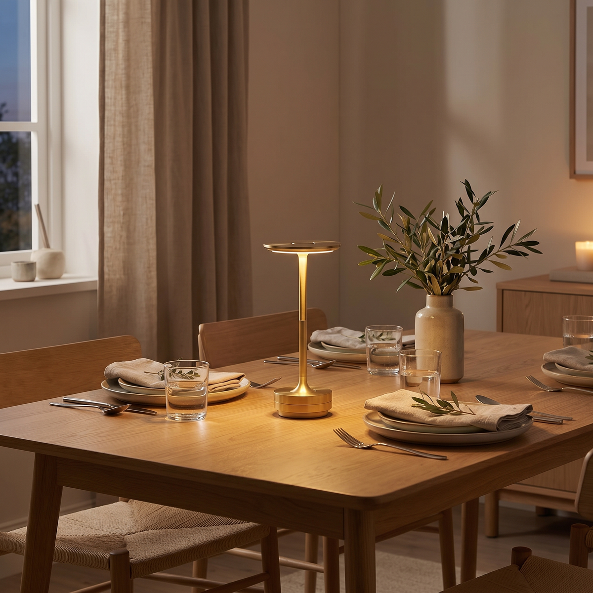 Vera table lamp lit in the centre of a dining table with no cable
